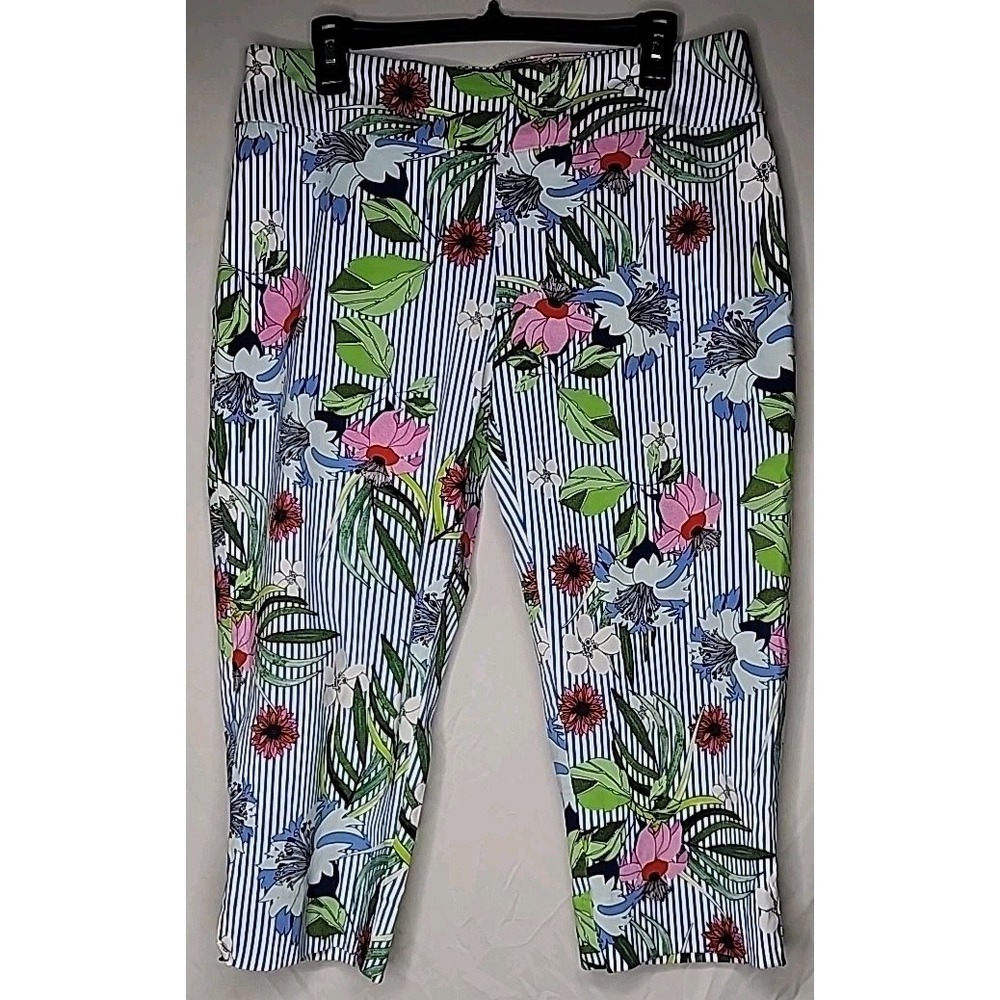 Zac & Rachel Womens Floral Striped Pull On Crop Pants Size 14 Blue White Pink